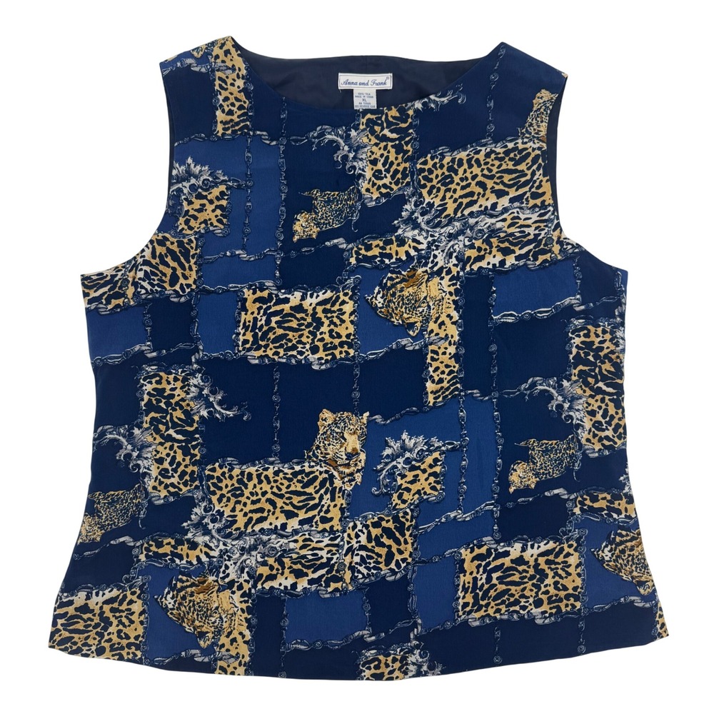 Vintage‎ Anna and Frank Blue Leopard Chain Print 100% Silk Sleeveless Blouse XL